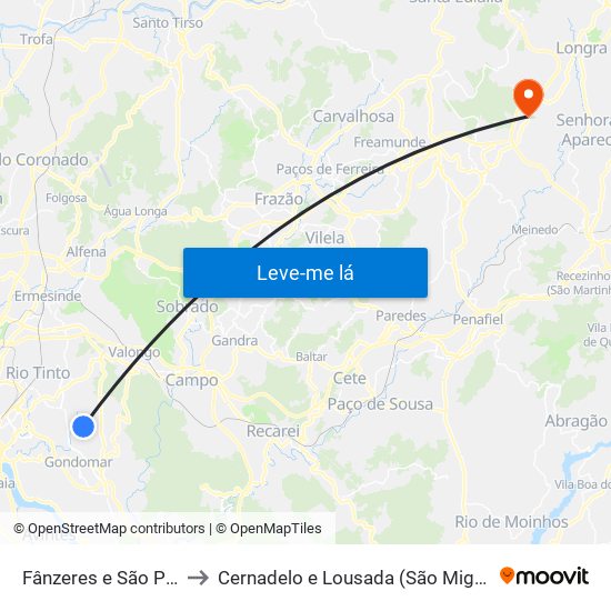 Fânzeres e São Pedro da Cova to Cernadelo e Lousada (São Miguel e Santa Margarida) map