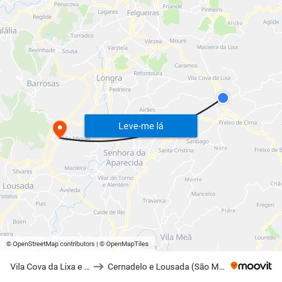 Vila Cova da Lixa e Borba de Godim to Cernadelo e Lousada (São Miguel e Santa Margarida) map