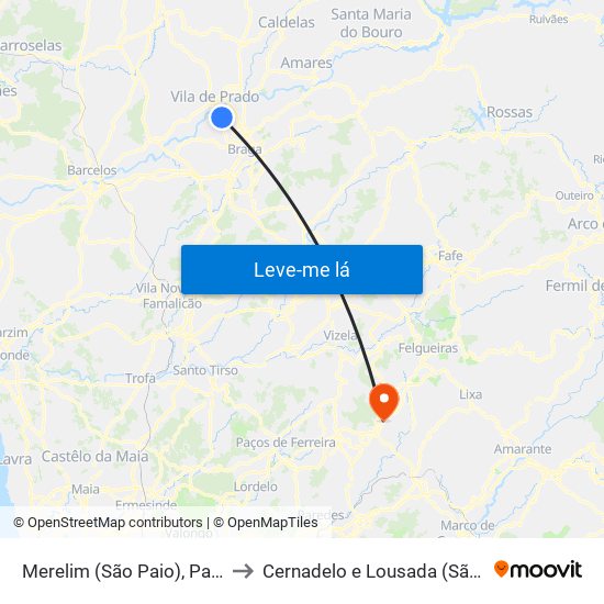 Merelim (São Paio), Panoias e Parada de Tibães to Cernadelo e Lousada (São Miguel e Santa Margarida) map