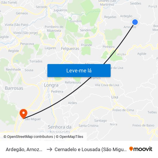 Ardegão, Arnozela e Seidões to Cernadelo e Lousada (São Miguel e Santa Margarida) map