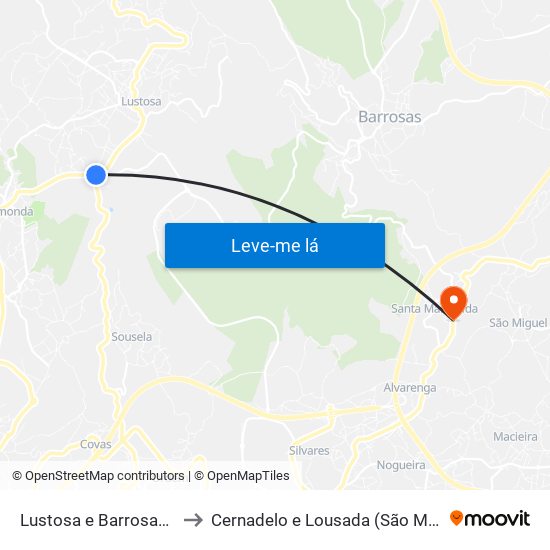Lustosa e Barrosas (Santo Estêvão) to Cernadelo e Lousada (São Miguel e Santa Margarida) map