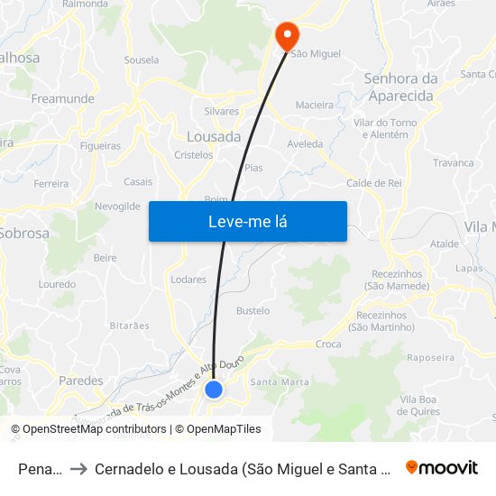 Penafiel to Cernadelo e Lousada (São Miguel e Santa Margarida) map