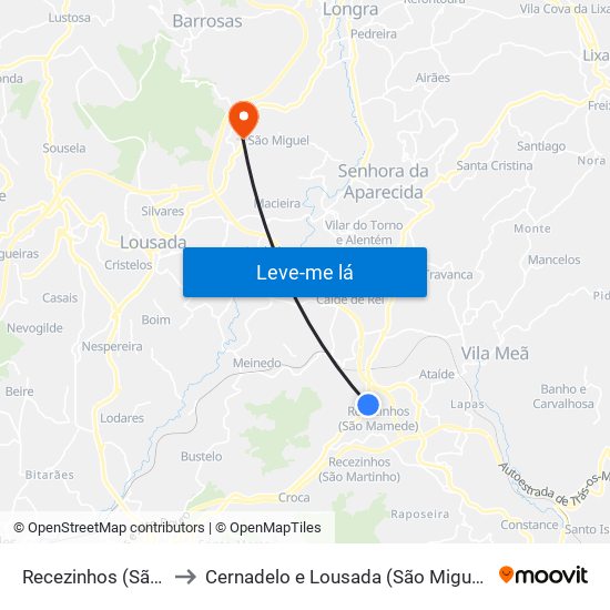 Recezinhos (São Mamede) to Cernadelo e Lousada (São Miguel e Santa Margarida) map