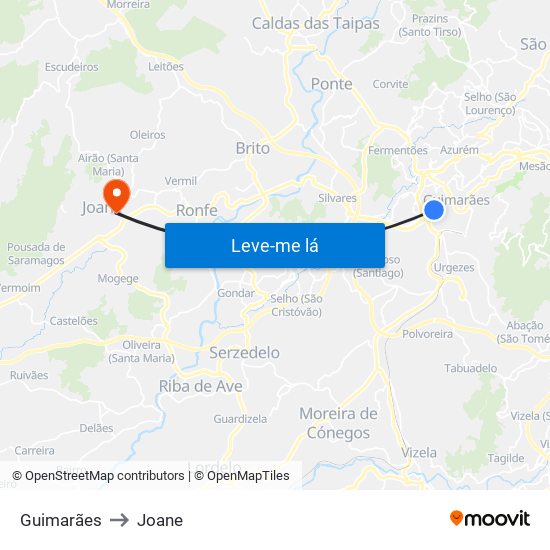 Guimarães to Joane map