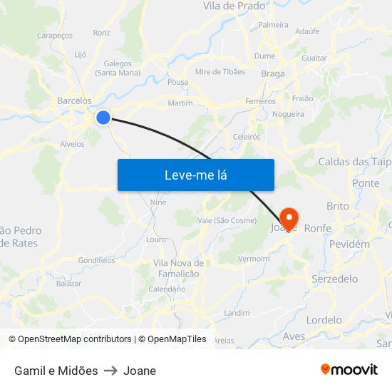Gamil e Midões to Joane map