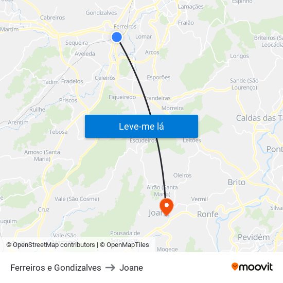 Ferreiros e Gondizalves to Joane map