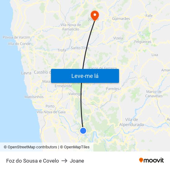 Foz do Sousa e Covelo to Joane map
