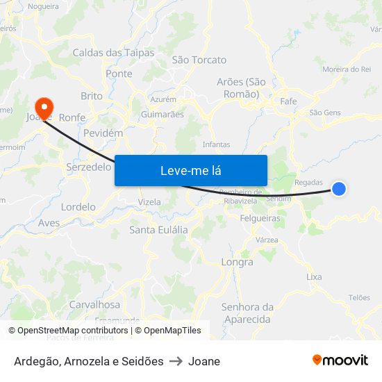 Ardegão, Arnozela e Seidões to Joane map