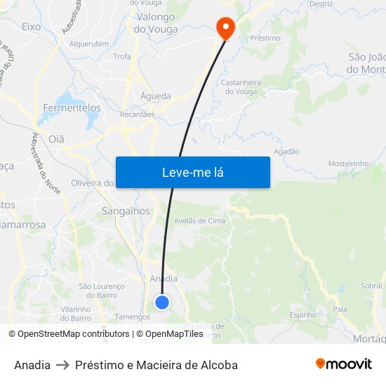 Anadia to Préstimo e Macieira de Alcoba map