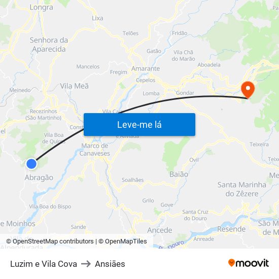 Luzim e Vila Cova to Ansiāes map