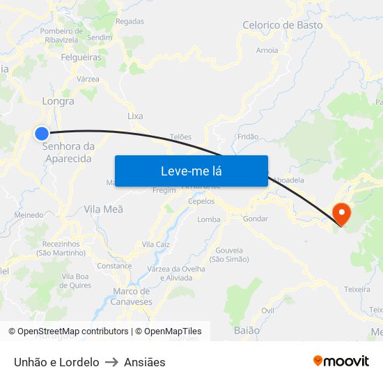 Unhão e Lordelo to Ansiāes map