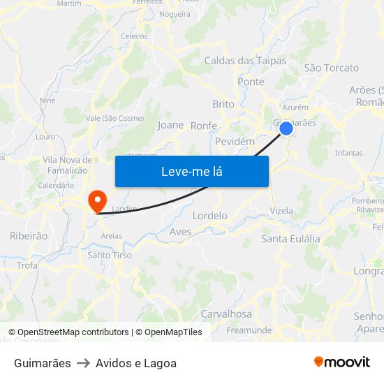 Guimarães to Avidos e Lagoa map