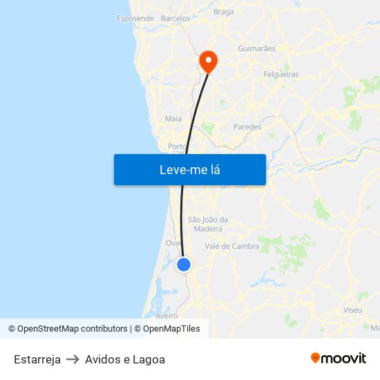 Estarreja to Avidos e Lagoa map