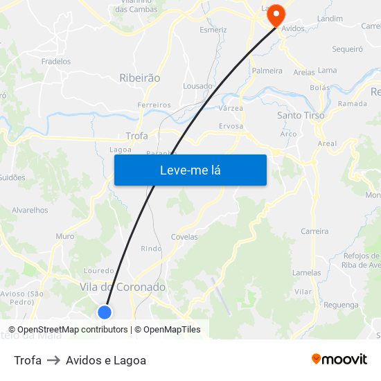 Trofa to Avidos e Lagoa map