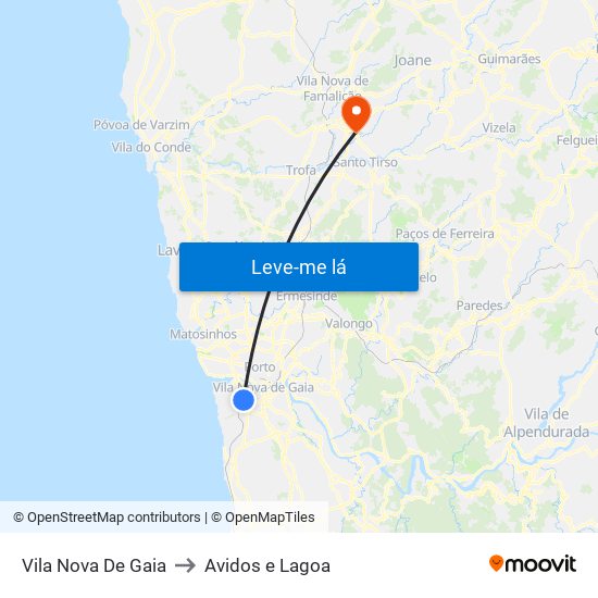 Vila Nova De Gaia to Avidos e Lagoa map