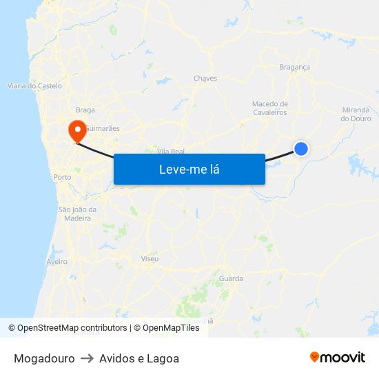 Mogadouro to Avidos e Lagoa map