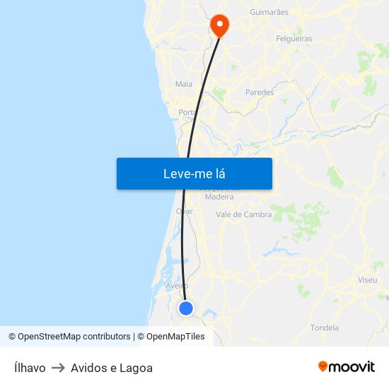Ílhavo to Avidos e Lagoa map