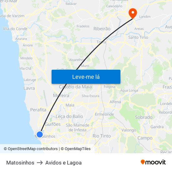 Matosinhos to Avidos e Lagoa map