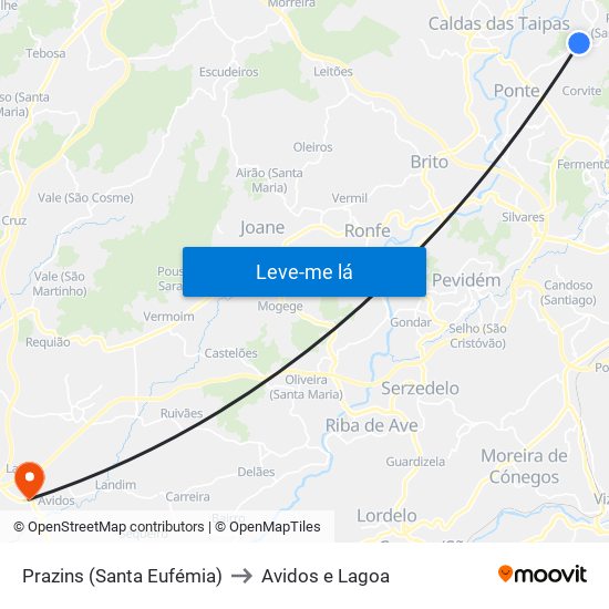 Prazins (Santa Eufémia) to Avidos e Lagoa map