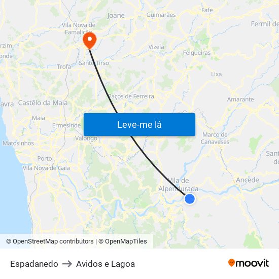 Espadanedo to Avidos e Lagoa map