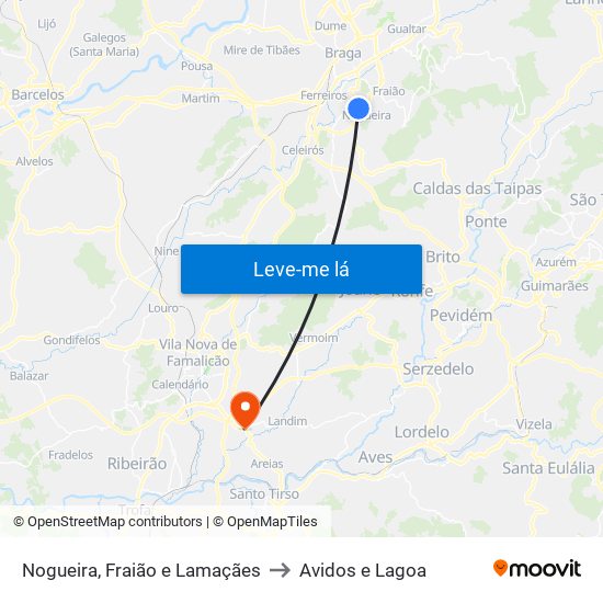 Nogueira, Fraião e Lamaçães to Avidos e Lagoa map