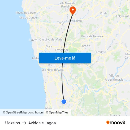 Mozelos to Avidos e Lagoa map