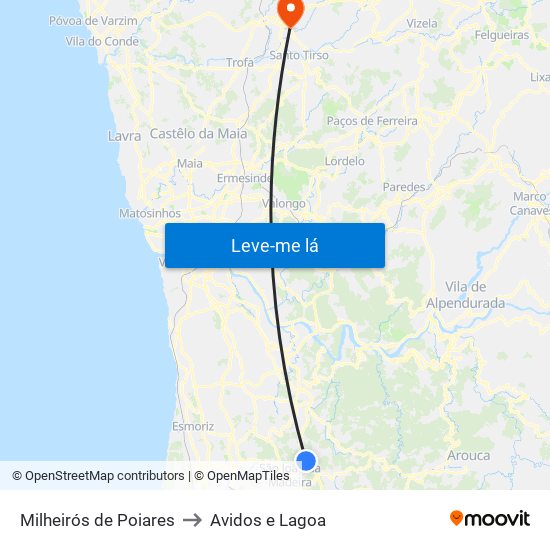 Milheirós de Poiares to Avidos e Lagoa map