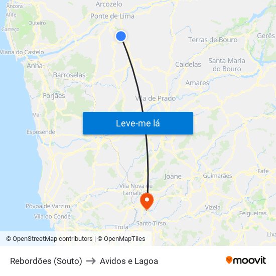 Rebordões (Souto) to Avidos e Lagoa map