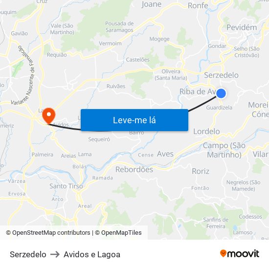 Serzedelo to Avidos e Lagoa map