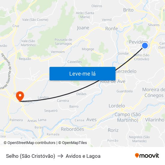 Selho (São Cristóvão) to Avidos e Lagoa map
