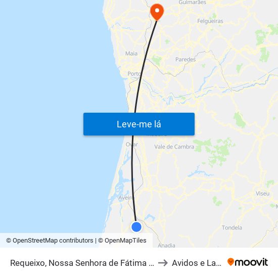 Requeixo, Nossa Senhora de Fátima e Nariz to Avidos e Lagoa map