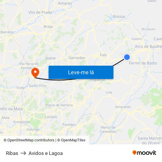 Ribas to Avidos e Lagoa map