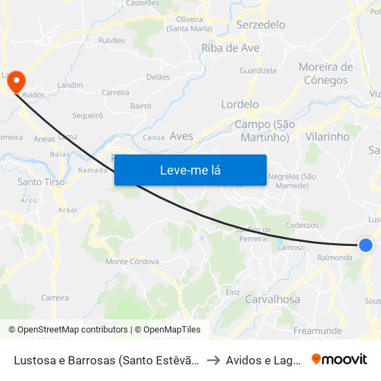 Lustosa e Barrosas (Santo Estêvão) to Avidos e Lagoa map