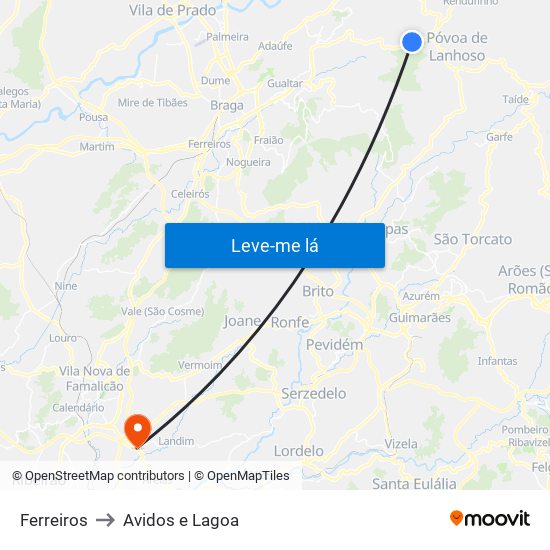 Ferreiros to Avidos e Lagoa map