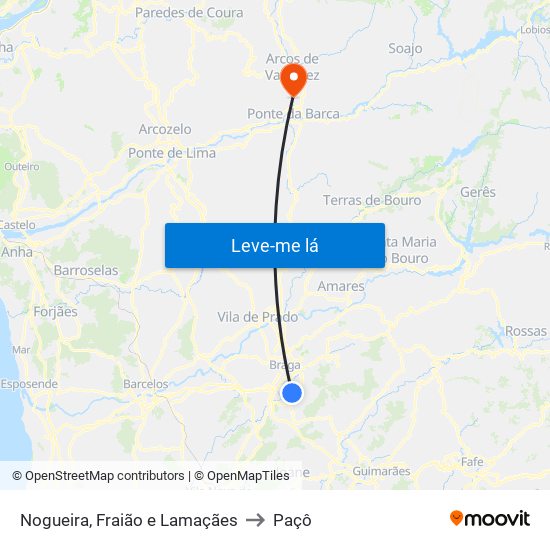 Nogueira, Fraião e Lamaçães to Paçô map