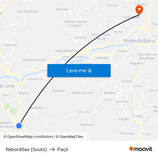 Rebordões (Souto) to Paçô map