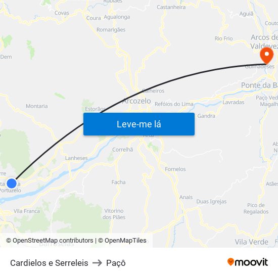 Cardielos e Serreleis to Paçô map