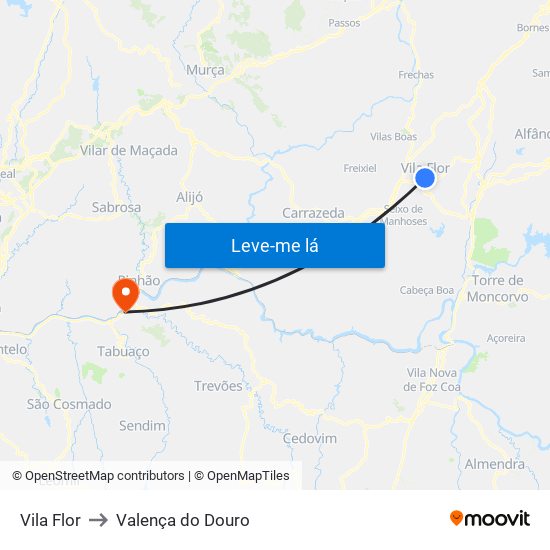 Vila Flor to Valença do Douro map