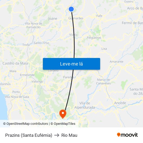 Prazins (Santa Eufémia) to Rio Mau map