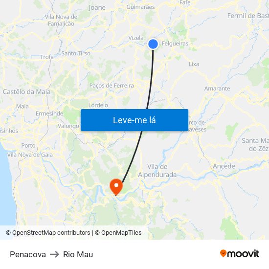 Penacova to Rio Mau map