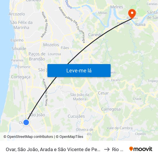 Ovar, São João, Arada e São Vicente de Pereira Jusã to Rio Mau map