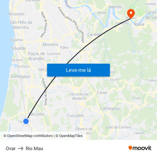 Ovar to Rio Mau map