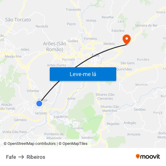 Fafe to Ribeiros map