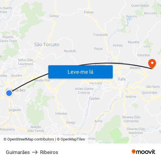 Guimarães to Ribeiros map