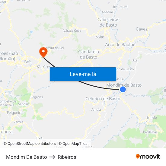 Mondim De Basto to Ribeiros map