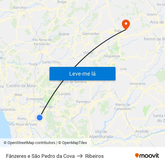 Fânzeres e São Pedro da Cova to Ribeiros map