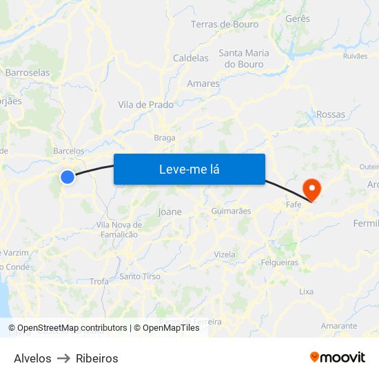 Alvelos to Ribeiros map