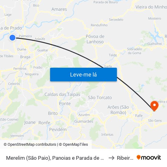 Merelim (São Paio), Panoias e Parada de Tibães to Ribeiros map