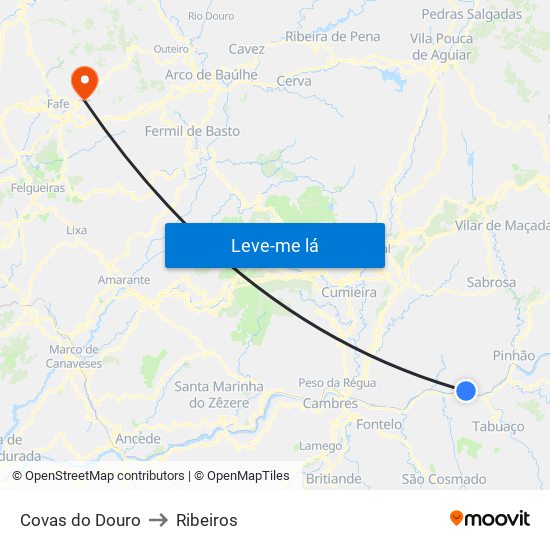 Covas do Douro to Ribeiros map