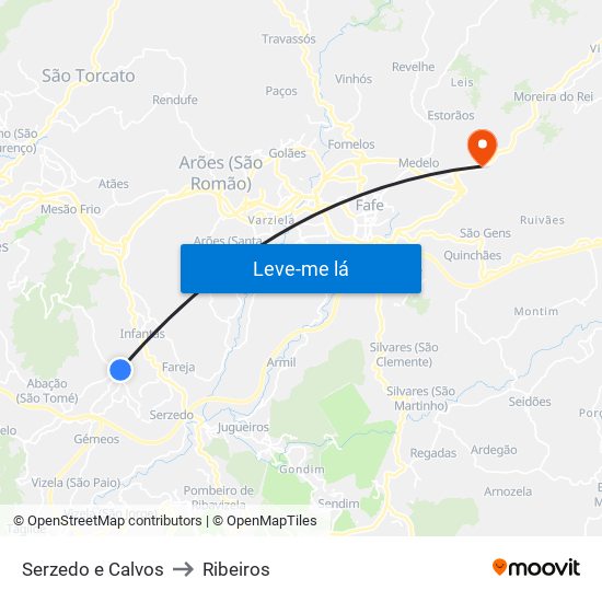 Serzedo e Calvos to Ribeiros map